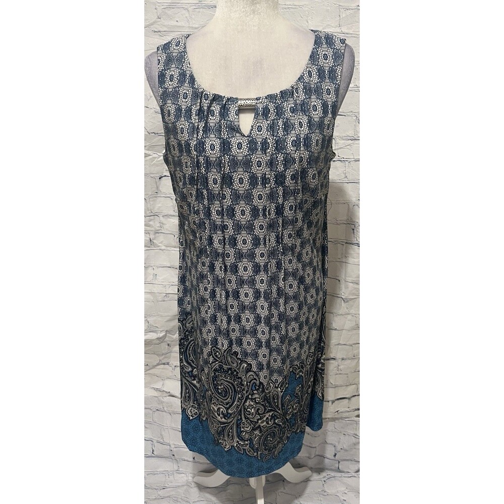 Perceptions New York Sleeveless Dress In Blue Geometric Print Size 12